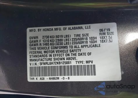 2019 Honda Odyssey Ex-L from USA, damaged, VIN 5FNRL6H72KB125881